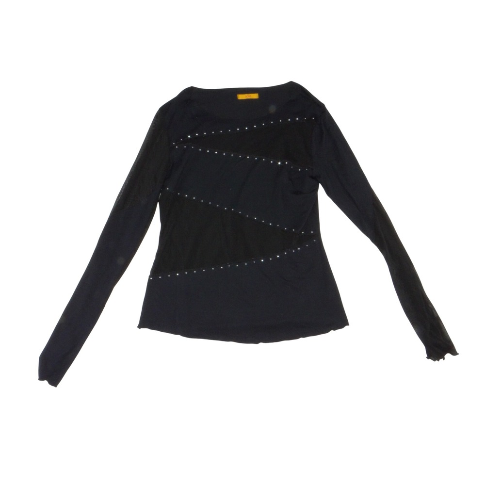 XXI Forever Black Mesh Panel Studded Long Sleeve Top Edgy Clubwear Scoop Neck